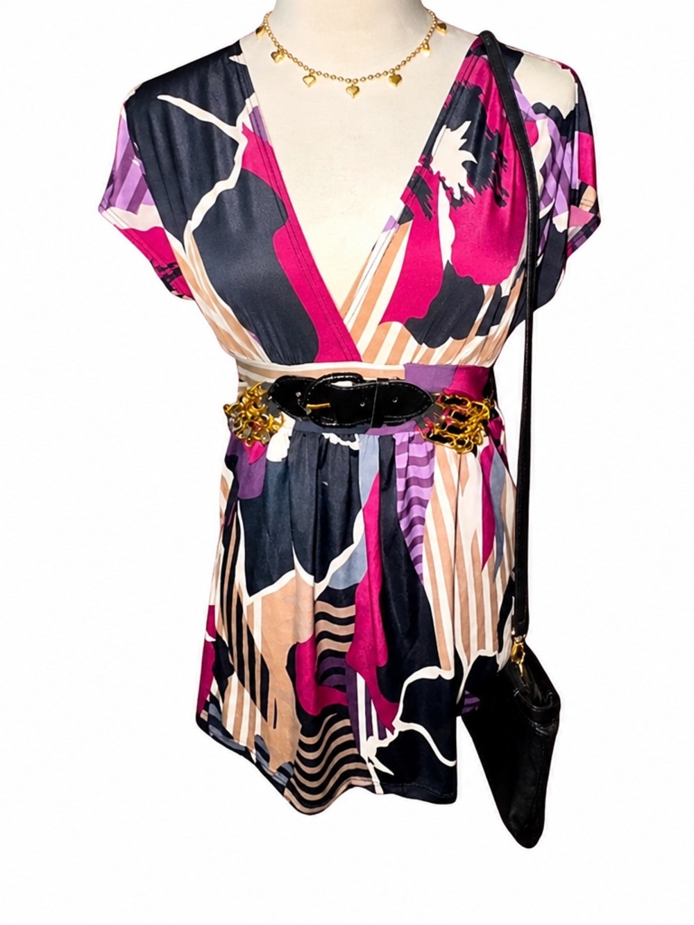 Charlotte Russe Pink Black Purple Abstract V-Neck Cap Sleeve Blouse